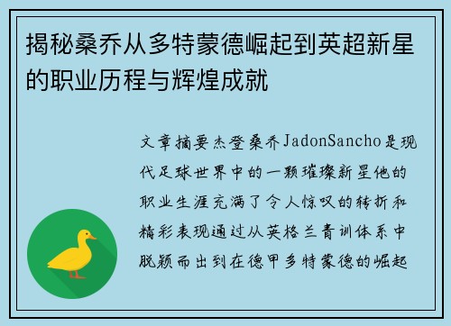 揭秘桑乔从多特蒙德崛起到英超新星的职业历程与辉煌成就