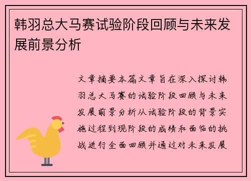 韩羽总大马赛试验阶段回顾与未来发展前景分析