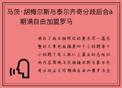 马茨·胡梅尔斯与泰尔齐奇分歧后合同期满自由加盟罗马